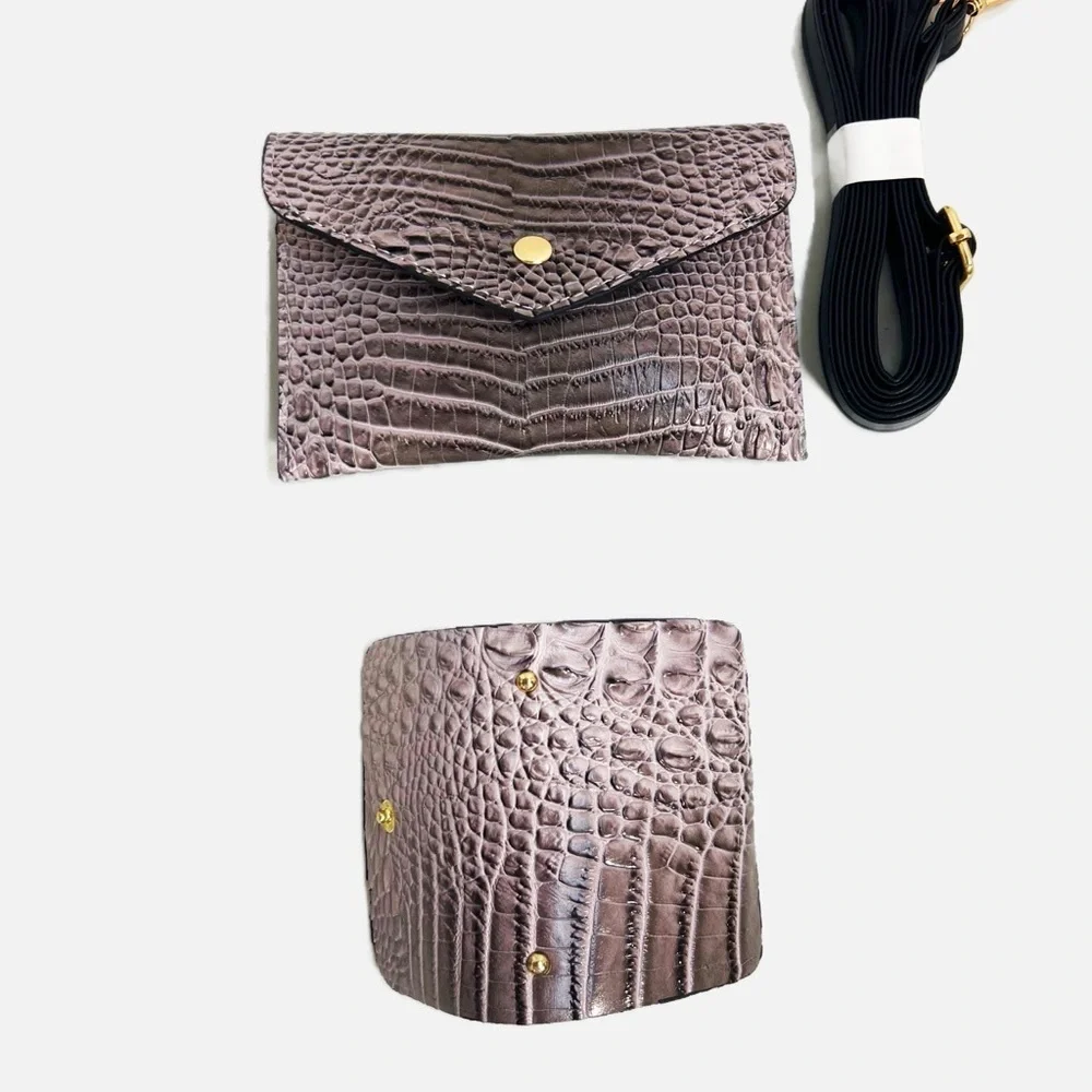 Charcoal Gray Crocodile Pattern Medium Handbag Set w Crossbody Strap PU Leather